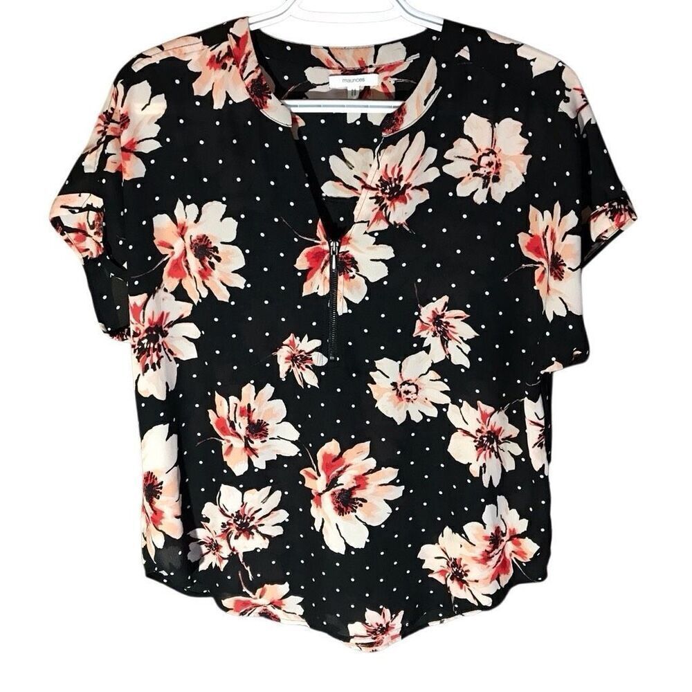 Maurices blouse top size Medium sleeve black Floral polka dot zip